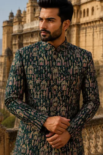 Bottle green navabi indowestern for men | premium men's ethnic wear