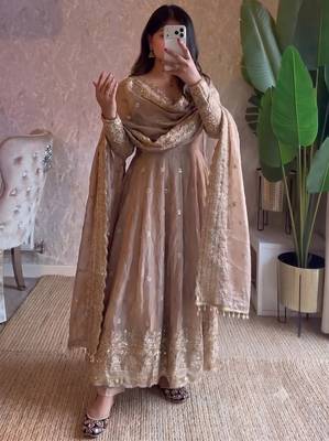 Cream heavy sequins work partywear anarkali suit set 1