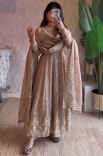 Cream heavy sequins work partywear anarkali suit set