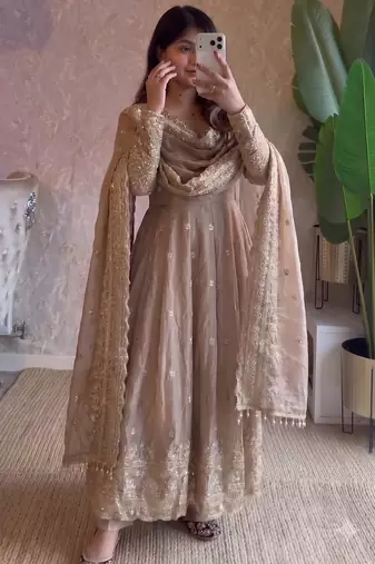 Cream heavy sequins work partywear anarkali suit set