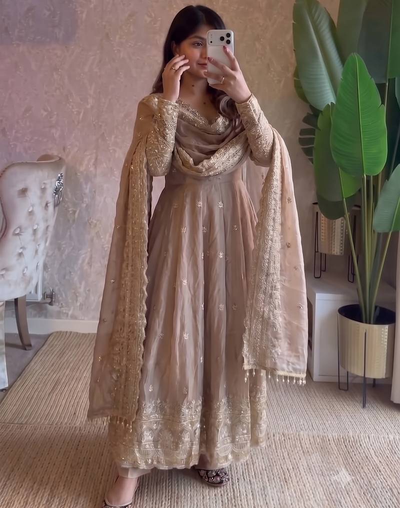 Cream heavy sequins work partywear anarkali suit set