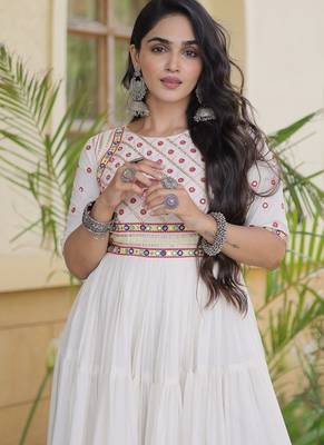 White color Ora cotton with multi thread embroidered & gota patti & mirror work 2