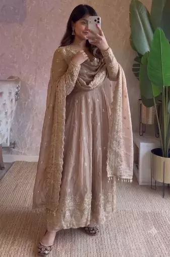 Cream heavy sequins work partywear anarkali suit set