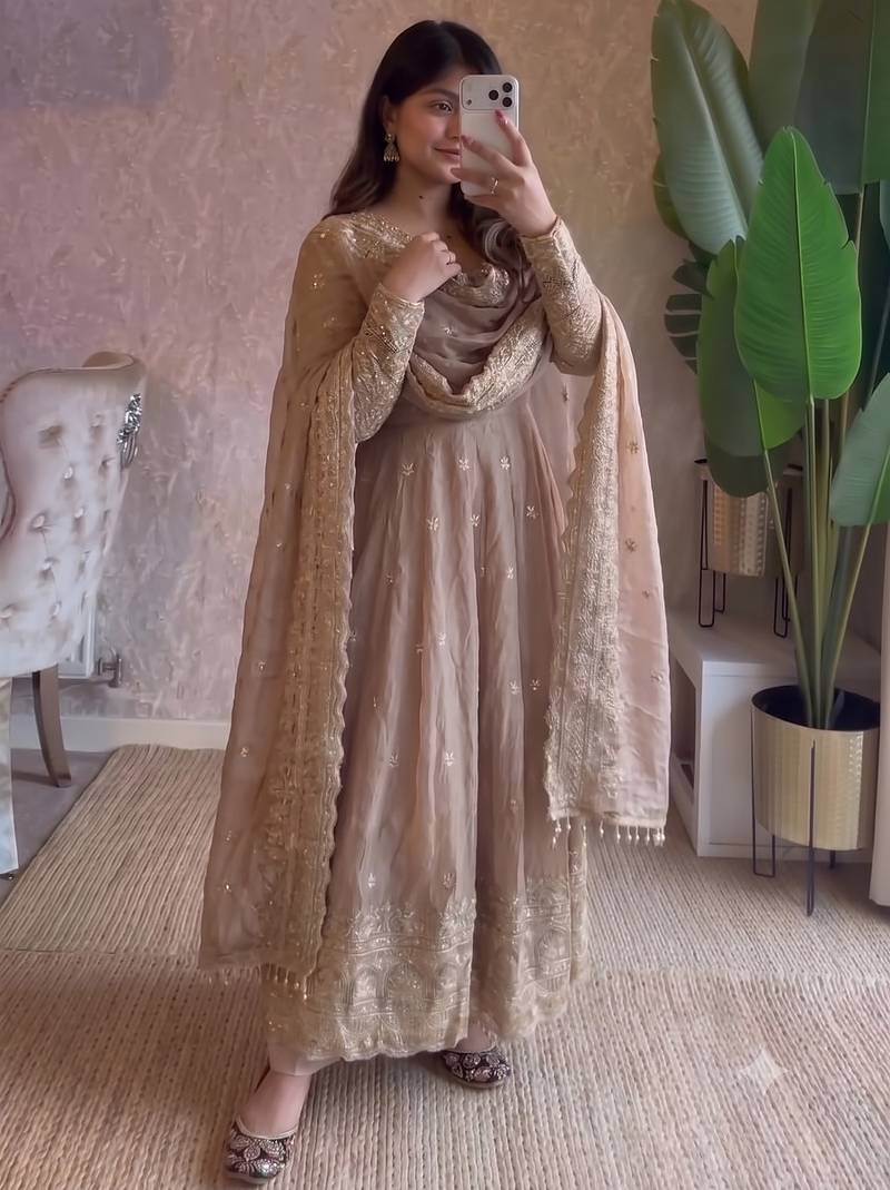 Cream heavy sequins work partywear anarkali suit set