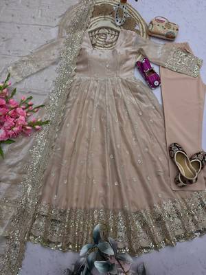 Cream heavy sequins work partywear anarkali suit set 4