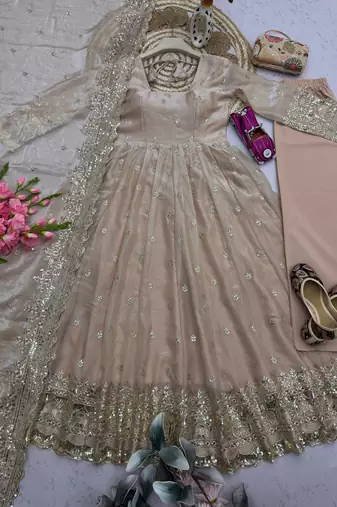Cream heavy sequins work partywear anarkali suit set