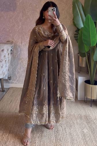 Metallic heavy sequins work partywear anarkali suit set