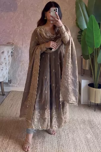 Metallic heavy sequins work partywear anarkali suit set
