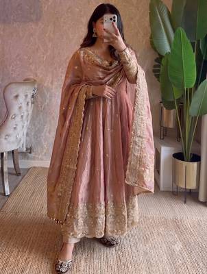 Pastel peach heavy sequins work partywear anarkali suit set 1