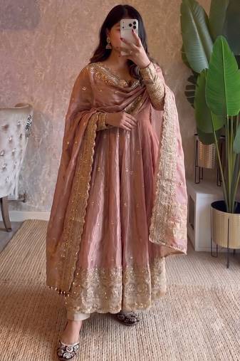 Pastel peach heavy sequins work partywear anarkali suit set