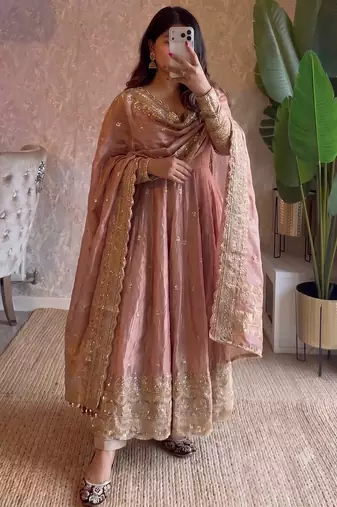 Pastel peach heavy sequins work partywear anarkali suit set