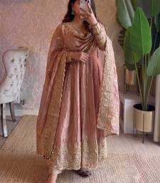 Pastel peach heavy sequins work partywear anarkali suit set