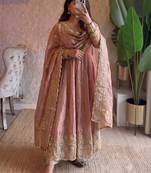 Pastel peach heavy sequins work partywear anarkali suit set