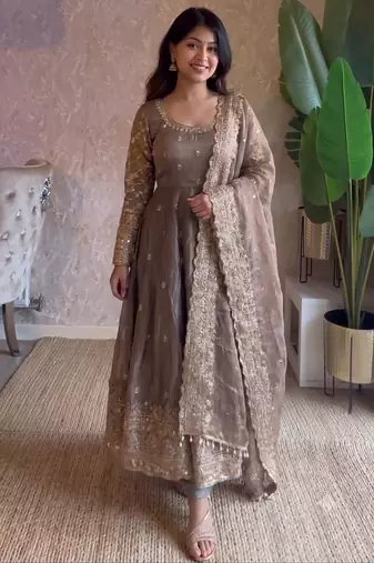 Metallic heavy sequins work partywear anarkali suit set