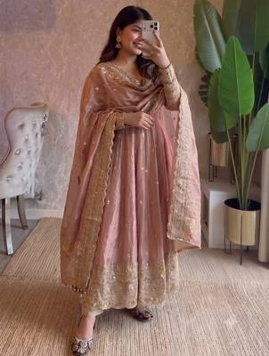 Pastel peach heavy sequins work partywear anarkali suit set 2