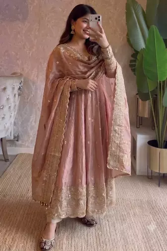 Pastel peach heavy sequins work partywear anarkali suit set