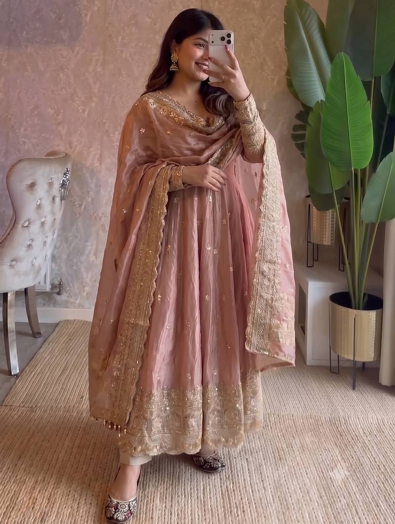 Pastel peach heavy sequins work partywear anarkali suit set