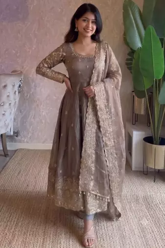 Metallic heavy sequins work partywear anarkali suit set