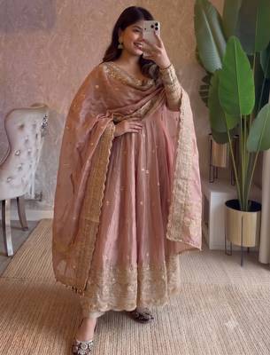 Pastel peach heavy sequins work partywear anarkali suit set 3