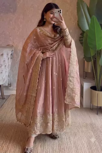 Pastel peach heavy sequins work partywear anarkali suit set