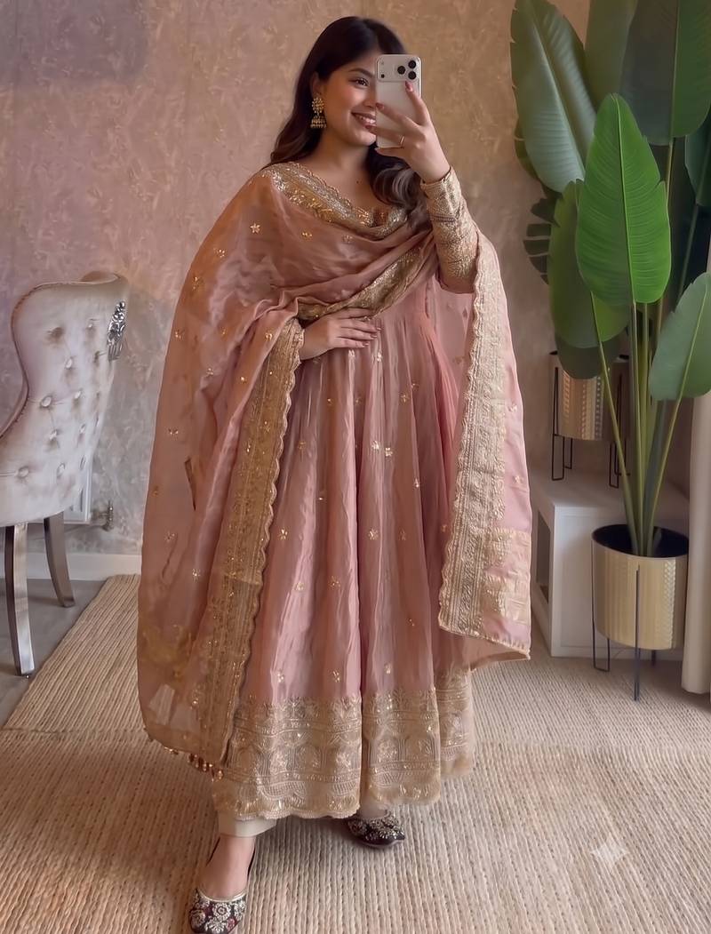 Pastel peach heavy sequins work partywear anarkali suit set