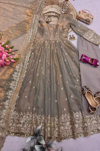 Metallic heavy sequins work partywear anarkali suit set