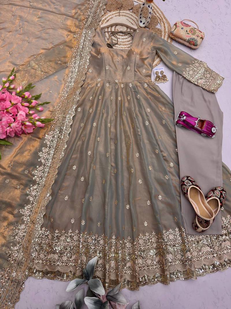 Metallic heavy sequins work partywear anarkali suit set
