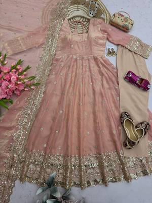 Pastel peach heavy sequins work partywear anarkali suit set 4