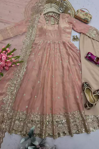 Pastel peach heavy sequins work partywear anarkali suit set