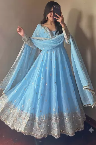 Sky heavy sequins work partywear anarkali suit set