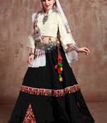 Black Taffeta Silk Gamthi Butta Mirror With Lace Work & Tassel Lace With Printed Gamthi Work Dupatta Chaniya Choli