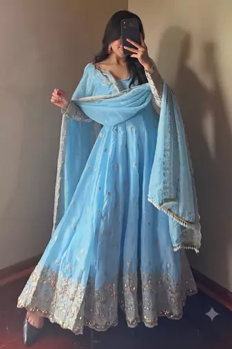 Sky heavy sequins work partywear anarkali suit set