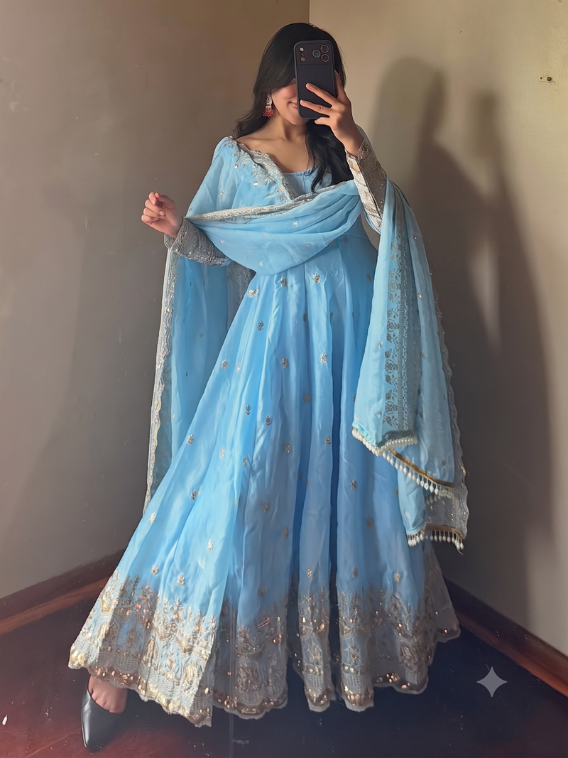 Sky heavy sequins work partywear anarkali suit set