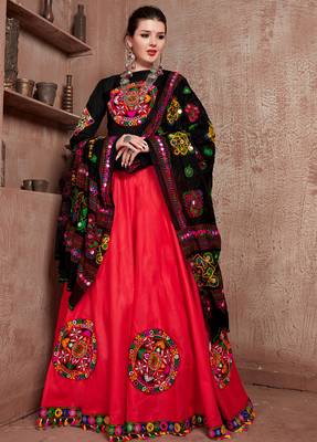 Red Art Silk Gamthi Butta Mirror With Lace Work & Tassel Lace With Printed Gamthi Work Dupatta Chaniya Choli 1