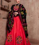 Red Art Silk Gamthi Butta Mirror With Lace Work & Tassel Lace With Printed Gamthi Work Dupatta Chaniya Choli