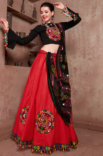 Red Art Silk Gamthi Butta Mirror With Lace Work & Tassel Lace With Printed Gamthi Work Dupatta Chaniya Choli