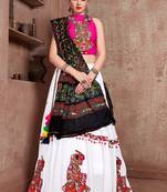 White Twill Gamthi Butta Mirror With Lace Work & Tassel Lace With Printed Gamthi Work Dupatta Chaniya Choli