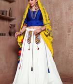 White Twill Gamthi Butta Mirror With Lace Work & Tassel Lace With Printed Gamthi Work Dupatta Chaniya Choli