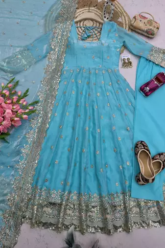 Sky heavy sequins work partywear anarkali suit set