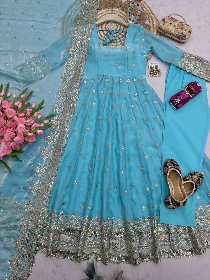 Sky heavy sequins work partywear anarkali suit set