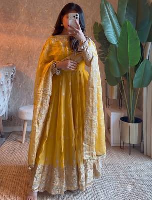 Yellow heavy sequins work partywear anarkali suit set 1
