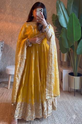 Yellow heavy sequins work partywear anarkali suit set