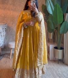 Yellow heavy sequins work partywear anarkali suit set