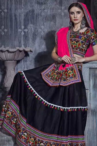 Black Art Silk Gamthi Butta, Mirror, Aari With Lace Work Chaniya Choli