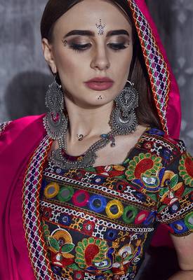 Black Art Silk Gamthi Butta, Mirror, Aari With Lace Work Chaniya Choli 4