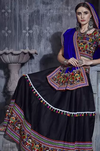 Black Art Silk Gamthi Butta Mirror Aari With Lace Work Chaniya Choli