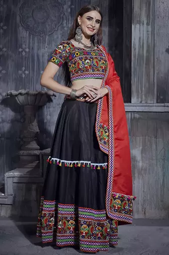 Black Art Silk Gamthi Butta Mirror Aari With Lace Work Chaniya Choli