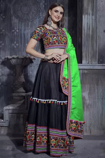 Black Art Silk Gamthi Butta Mirror Aari With Lace Work Chaniya Choli