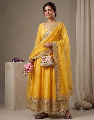 Yellow heavy sequins work partywear anarkali suit set 2
