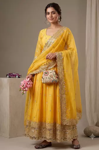 Yellow heavy sequins work partywear anarkali suit set